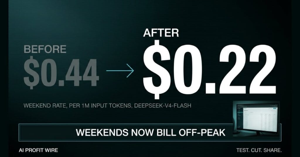 Data-noir graphic on a dark teal background showing a pricing reduction. On the left, a dim gray label reads BEFORE $0.44 with a cyan arrow pointing right to a prominent, bold white AFTER $0.22. Below the numbers, text reads WEEKEND RATE, PER 1M INPUT TOKENS, DEEPSEEK-V4-FLASH. At the bottom, a framed black box displays the statement WEEKENDS NOW BILL OFF-PEAK above the footer text AI PROFIT WIRE on the left and TEST. CUT. SHARE. on the right.