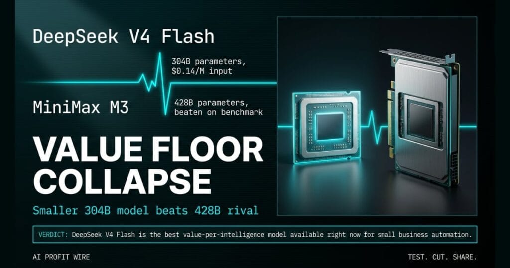 VALUE FLOOR COLLAPSE composite_h signal card from The AI Profit Wire, DeepSeek V4 Flash 304B at $0.14/M beating MiniMax M3 428B, Executive Data-Noir design.