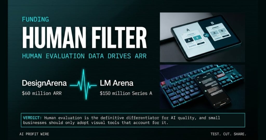 HUMAN FILTER composite_h featured signal card from The AI Profit Wire, human evaluation data drives ARR growth, Executive Data-Noir design.
