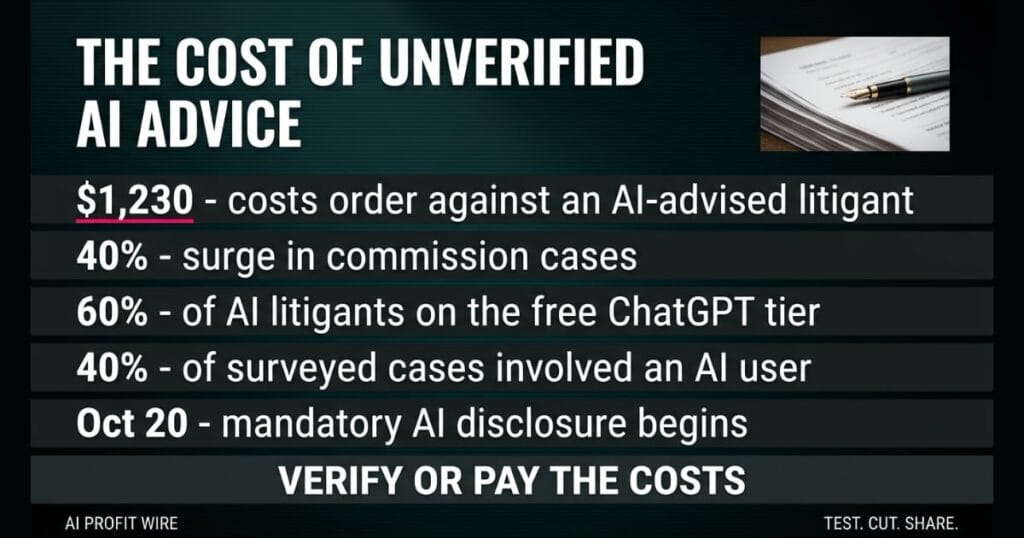 Data-noir editorial graphic detailing the cost of unverified AI advice, featuring key statistics on legal costs, ChatGPT usage, and mandatory AI disclosures alongside a photo of legal documents and a fountain pen.