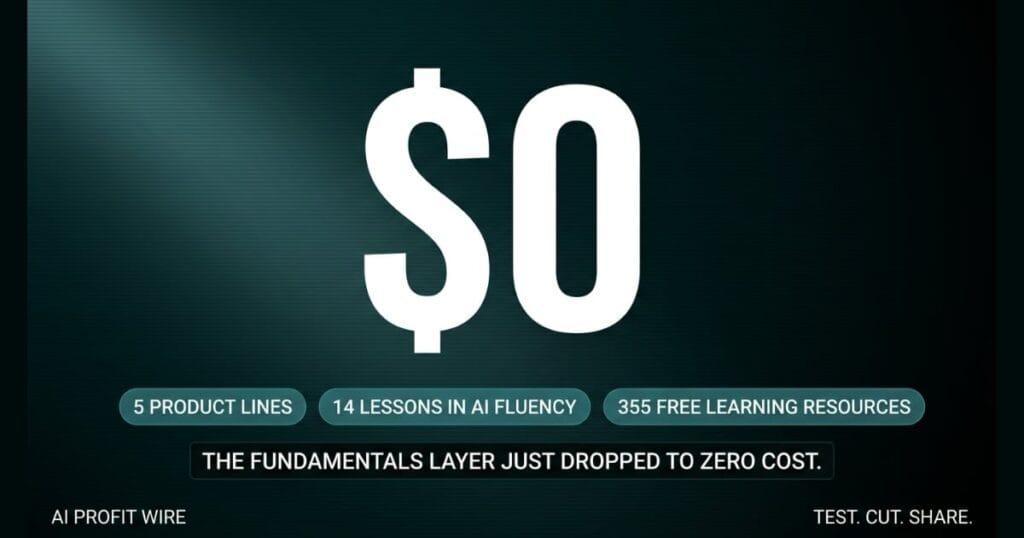 Dark tech infographic from AI Profit Wire featuring a massive white "$0" centered above three cyan proof-point pills: "5 PRODUCT LINES," "14 LESSONS IN AI FLUENCY," and "355 FREE LEARNING RESOURCES," above the headline "THE FUNDAMENTALS LAYER JUST DROPPED TO ZERO COST."