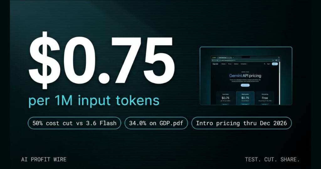A dark teal-black promotional graphic for AI PROFIT WIRE featuring a large white "$0.75" on the left, labeled "per 1M input tokens" in cyan. Below are three cyan-outlined pills reading "50% cost cut vs 3.6 Flash", "34.0% on GDP.pdf", and "Intro pricing thru Dec 2026". On the right, a mockup displays a browser window showing the Gemini API pricing page. The bottom corners display the text "AI PROFIT WIRE" on the left and "TEST. CUT. SHARE." on the right.