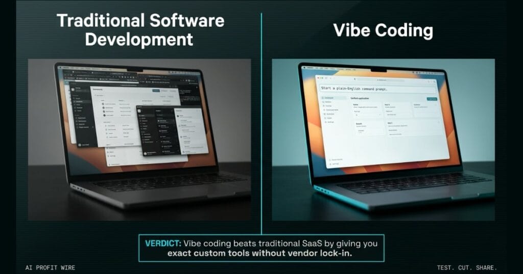 PLAIN ENGLISH APPS comparison_bridge_j signal card from The AI Profit Wire, cluttered SaaS windows versus a clean custom vibe-coded app interface, Executive Data-Noir design.