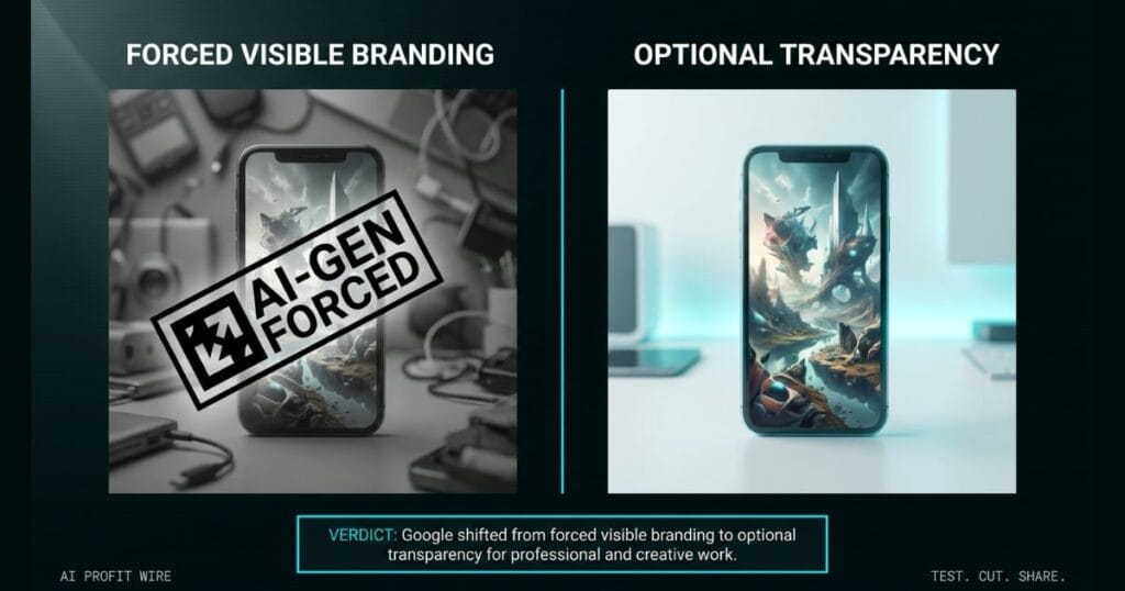 WATERMARK GATING comparison_bridge_j signal card from The AI Profit Wire, Google shifting from forced visible branding to optional transparency, Executive Data-Noir design.