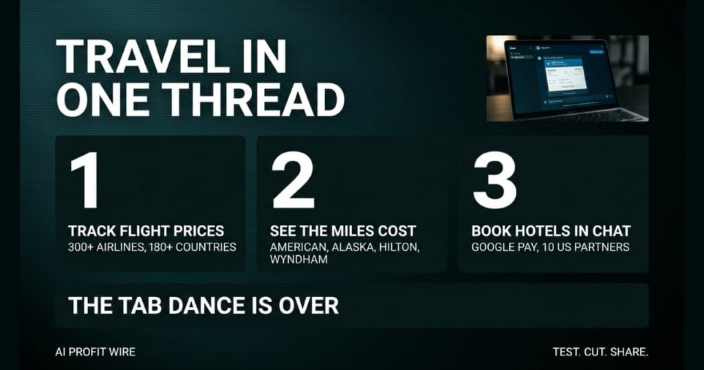 Data-noir graphic titled Travel in One Thread showing a 3-step travel booking service for tracking flight prices, comparing miles, and booking hotels in chat.