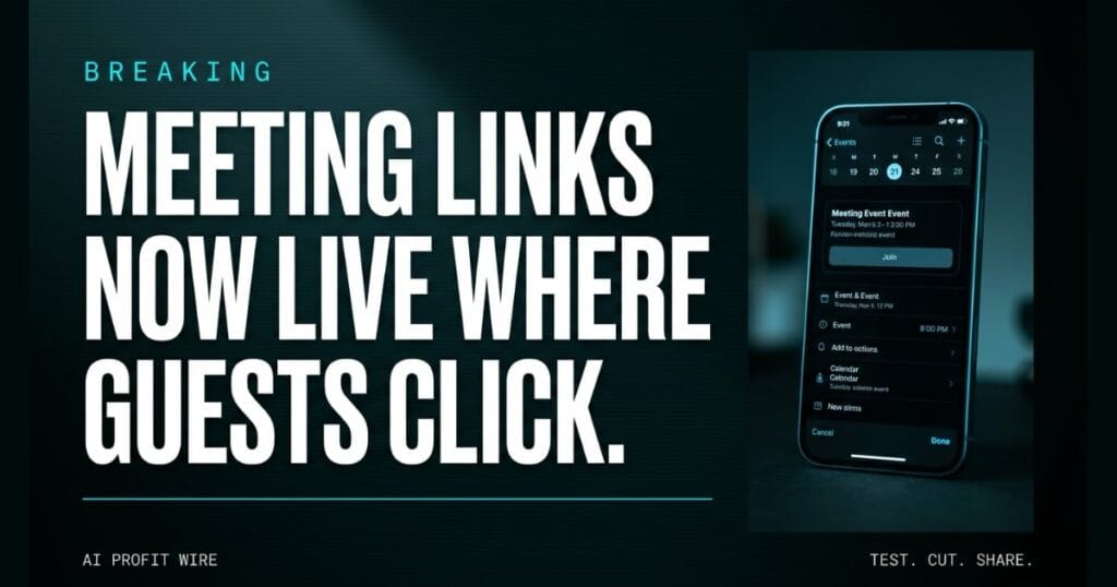Data-noir breaking news graphic stating Meeting Links Now Live Where Guests Click next to a smartphone displaying a calendar event screen with a Join button.