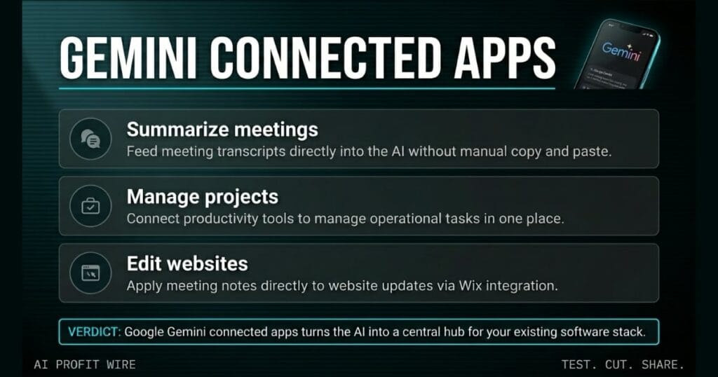 GEMINI CONNECTED APPS product update signal card from The AI Profit Wire, unified AI hub interface on glowing smartphone screen, Executive Data-Noir design.