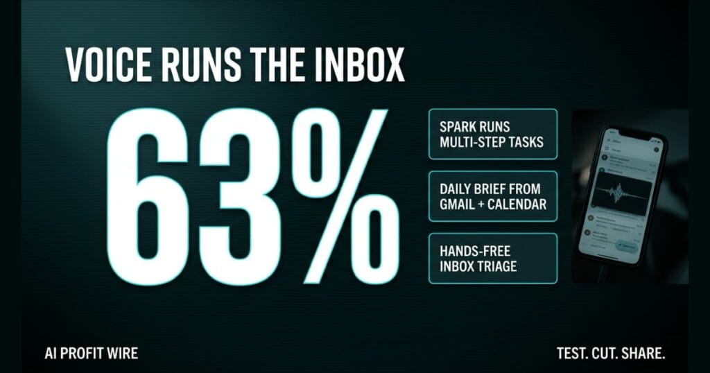 Data-noir graphic titled Voice Runs the Inbox showing a 63% statistic, featuring key features like Spark multi-step tasks, daily briefs, hands-free triage, and a smartphone voice interface mockup.