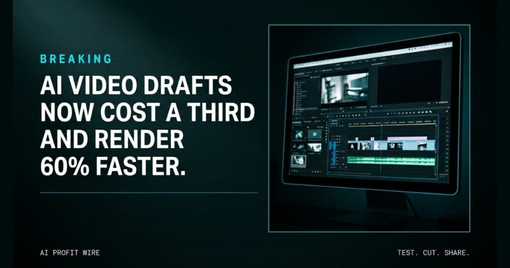 Data-noir breaking news graphic stating AI video drafts now cost a third and render 60 percent faster, next to a studio monitor displaying a video editing timeline interface.
