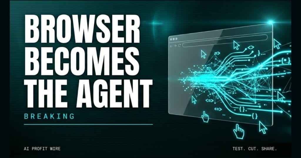 Featured graphic reading BROWSER BECOMES THE AGENT with a glowing cyan 3D translucent browser and AI node network on a dark background.