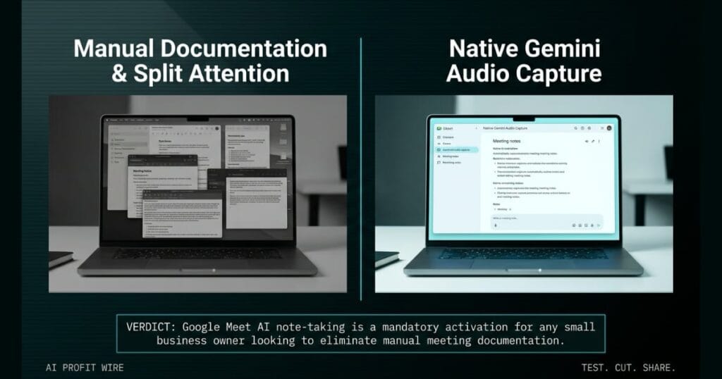 NATIVE AUDIO CAPTURE comparison_bridge_j signal card from The AI Profit Wire, cluttered manual notes vs clean Gemini AI interface, Executive Data-Noir design.