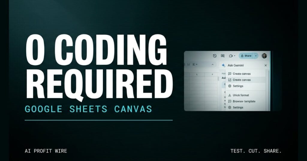 A dark teal-black promotional graphic for AI PROFIT WIRE featuring large white text reading "0 CODING REQUIRED" on the left, with tracked-out cyan text reading "GOOGLE SHEETS CANVAS" directly beneath it above a thin cyan horizontal line. On the right, a mockup displays a Google Sheets window showing the Ask Gemini side panel with the "Create canvas" option highlighted. The bottom corners display the text "AI PROFIT WIRE" on the left and "TEST. CUT. SHARE." on the right.