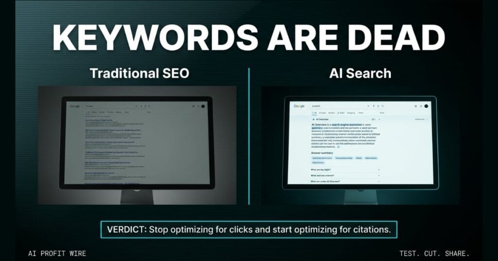 KEYWORDS ARE DEAD comparison signal card from The AI Profit Wire, cluttered SEO links versus clean AI search monitor, Executive Data-Noir design.
