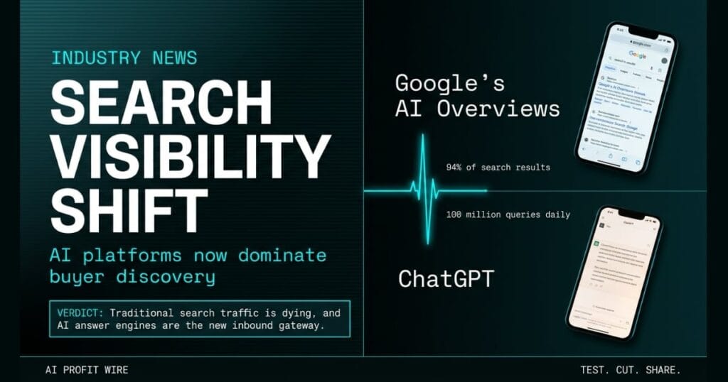 SEARCH VISIBILITY SHIFT composite_h featured signal from The AI Profit Wire, AI platforms dominating buyer discovery over traditional search, Executive Data-Noir design.