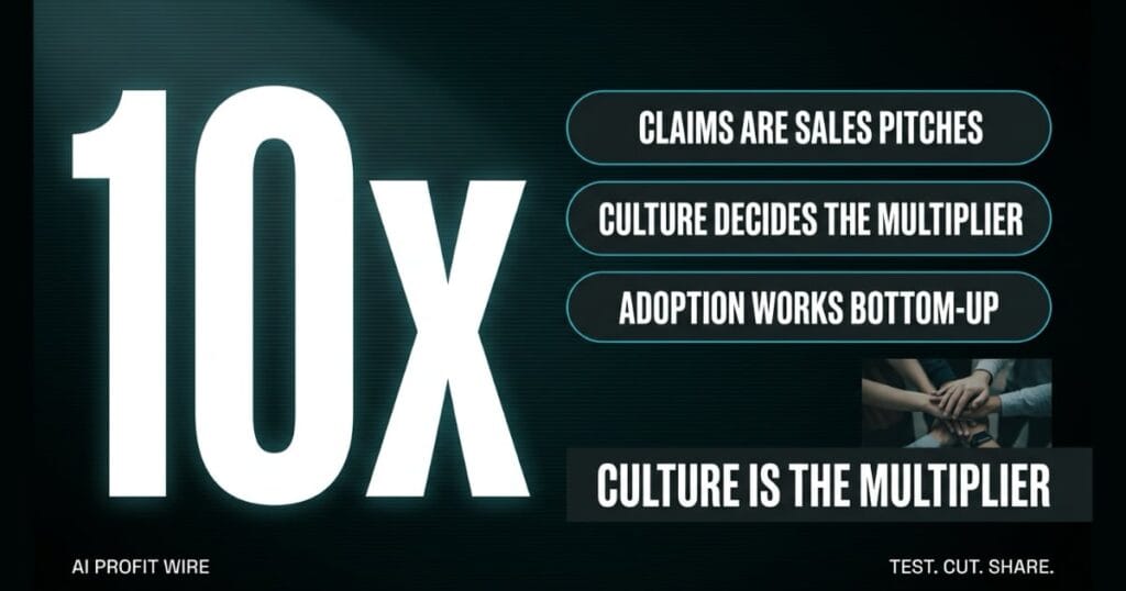 A high-impact editorial data graphic featuring a bold white 10x multiplier statistic alongside organizational culture insights and a hands-in teamwork photo.