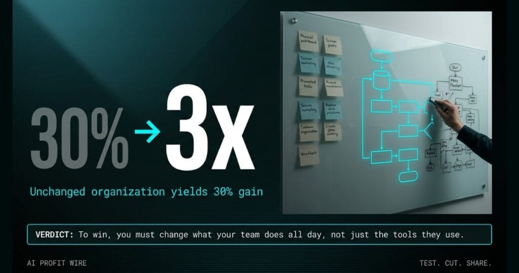WORKFLOW REDESIGN transform signal card from The AI Profit Wire, 30% to 3x workflow gain, Executive Data-Noir design.