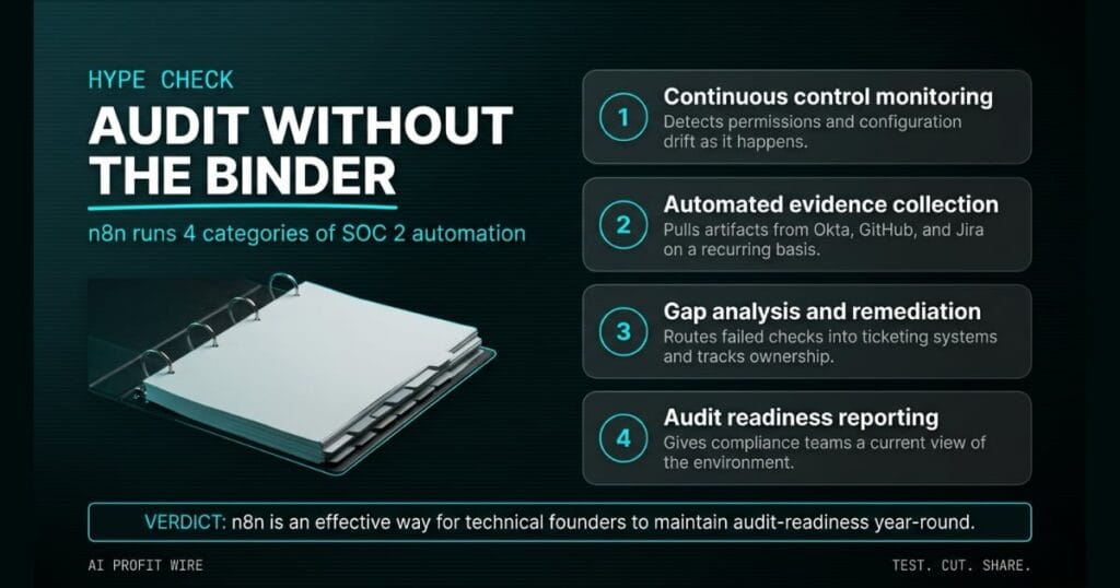 Featured graphic reading AUDIT WITHOUT THE BINDER displaying 4 SOC 2 automation categories alongside an audit binder graphic and an n8n verdict bar on a dark teal canvas.
