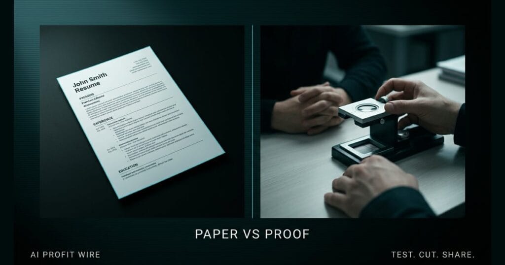 Dark teal split-screen graphic comparing a printed paper resume on the left with hands operating a mechanical gauge on the right, anchored above the text "PAPER VS PROOF" with footer branding for "AI PROFIT WIRE" and "TEST. CUT. SHARE."