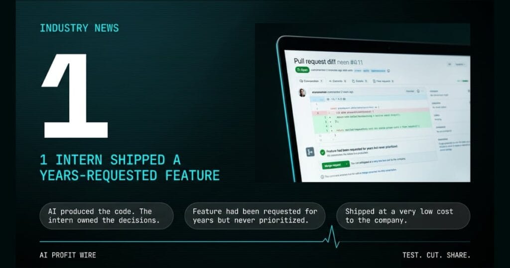 A dark teal and black tech graphic with the cyan header "INDUSTRY NEWS," featuring a large white number "1" alongside the text "1 INTERN SHIPPED A YEARS-REQUESTED FEATURE." To the right, a laptop displays a pull request code diff with a green merge button. Across the bottom, three glass cards outline key proof points above the branding "AI PROFIT WIRE" and "TEST. CUT. SHARE."