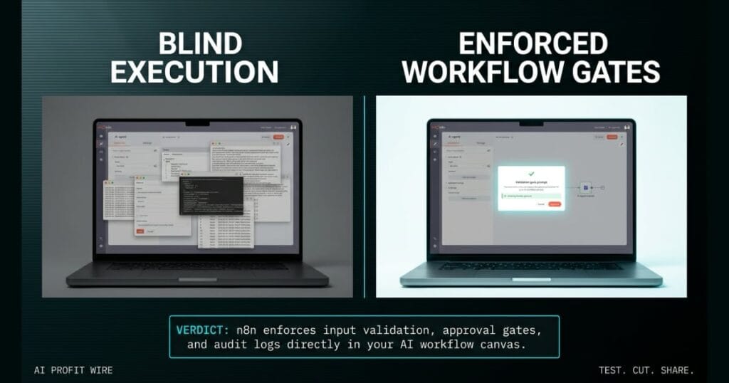 AGENT GATING comparison_bridge_j signal card from The AI Profit Wire, contrasting blind AI execution with enforced n8n validation gates, Executive Data-Noir design.
