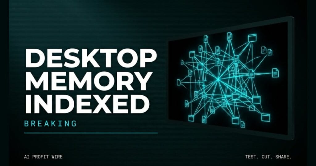 Featured graphic reading DESKTOP MEMORY INDEXED with a glowing cyan vector network connecting scattered local documents inside a dark desktop screen on a teal canvas.