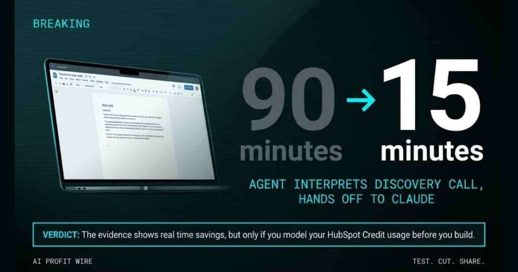 90 MINUTES DOWN TO 15 hero_stat_l_transform signal card from The AI Profit Wire, 90 to 15 minutes time savings, Executive Data-Noir design.