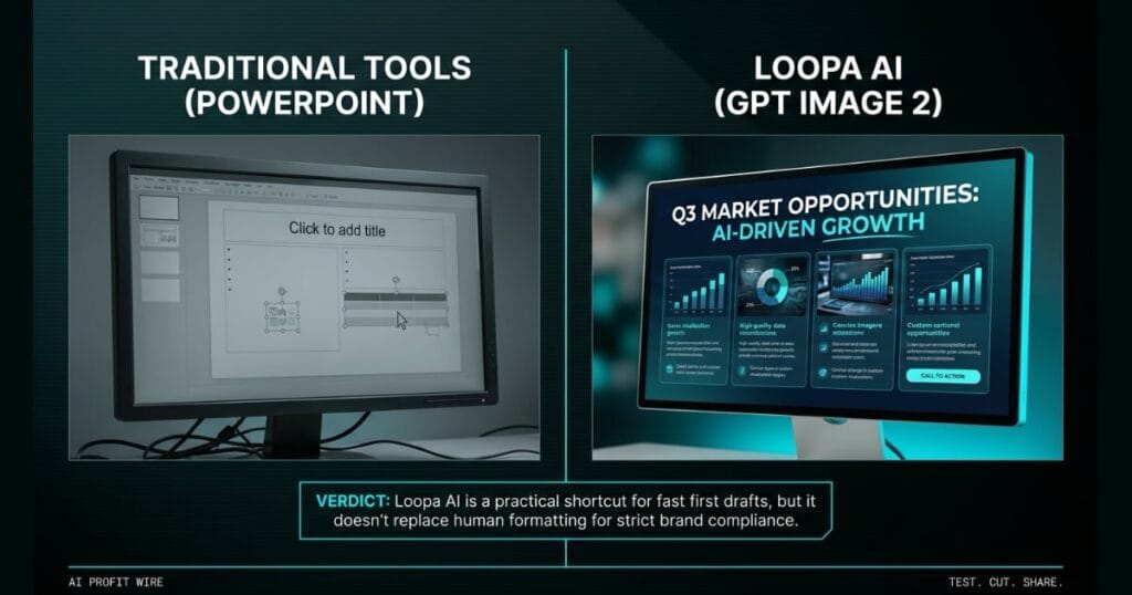 FIRST DRAFT ENGINE comparison signal card from The AI Profit Wire, traditional slides vs Loopa AI designed slides, Executive Data-Noir design.