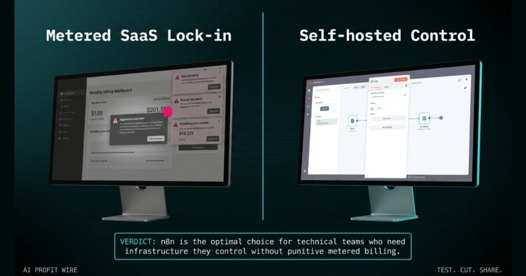 BILLING TRAP comparison_bridge_j signal card from The AI Profit Wire, metered billing dashboard versus self-hosted n8n workflow, Executive Data-Noir design.
