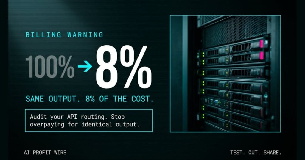 API COST COLLAPSE hero_stat_l_transform featured card from The AI Profit Wire, 100% to 8% cost ratio with server rack, Executive Data-Noir design.