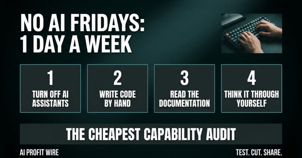 Data-noir editorial graphic detailing "No AI Fridays" rules, featuring 4 numbered steps on manual coding and documentation review, a photo of hands typing on a keyboard, and the tagline "The Cheapest Capability Audit."