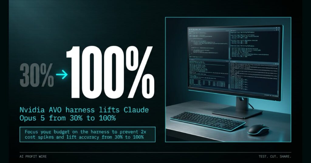 Data graphic on a dark teal-black background featuring large bold text displaying "30% → 100%" with a cyan arrow on the left. Below the numbers, cyan tracked-out text reads "Nvidia AVO harness lifts Claude Opus 5 from 30% to 100%", above a cyan-bordered text box stating: "Focus your budget on the harness to prevent 2x cost spikes and lift accuracy from 30% to 100%." The right side features a framed studio photo of a dual-monitor developer workstation displaying open terminal windows with cyan rim lighting. Footer displays "AI PROFIT WIRE" on the bottom-left and "TEST. CUT. SHARE." on the bottom-right.