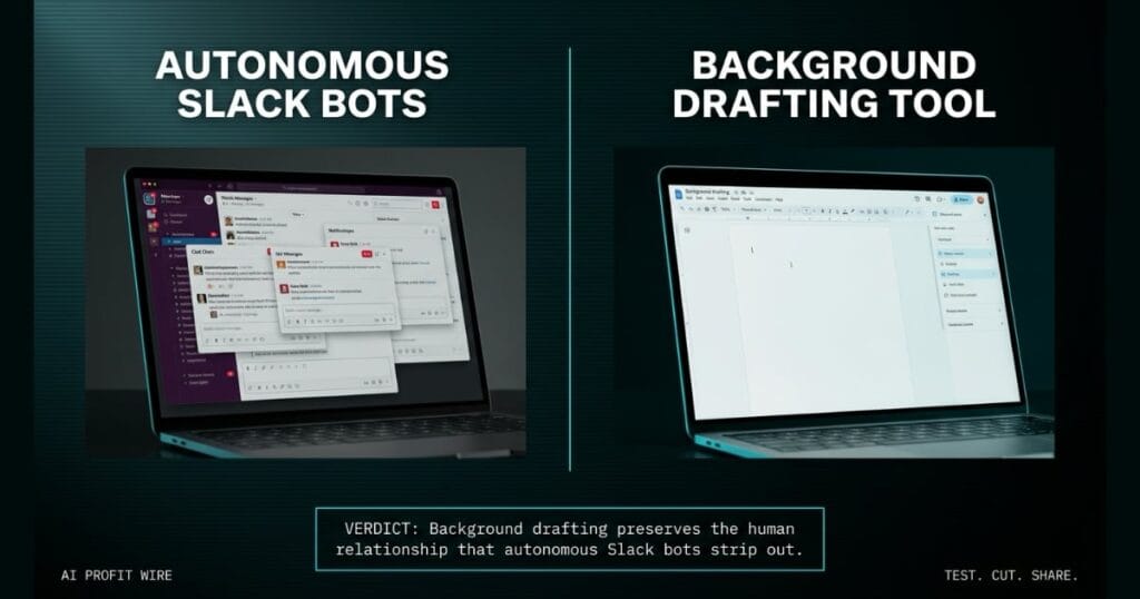 AUTONOMOUS ALIENATION comparison_bridge_j signal card from The AI Profit Wire, cluttered Slack bots vs clean drafting tool, Executive Data-Noir design.