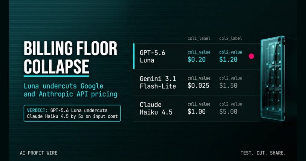 BILLING FLOOR COLLAPSE data_ledger_m signal card from The AI Profit Wire, GPT-5.6 Luna API pricing table at $0.20 input, Executive Data-Noir design.