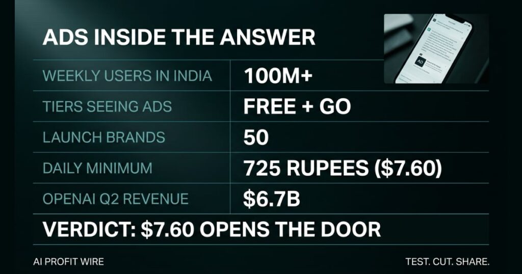 Data ledger graphic titled Ads Inside The Answer displaying OpenAI ad metrics, user statistics, daily minimum cost in Rupees and USD, and Q2 revenue over a dark teal background.