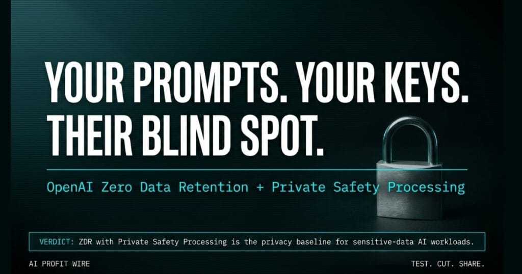Featured graphic reading YOUR PROMPTS. YOUR KEYS. THEIR BLIND SPOT. featuring a metal padlock, OpenAI Zero Data Retention subtitle, and a privacy verdict bar on a dark teal canvas.
