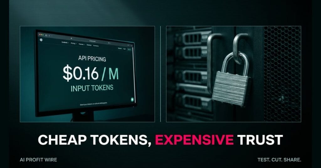 Data-noir split graphic titled Cheap Tokens, Expensive Trust featuring an API pricing monitor with $0.16 per million input tokens on the left and a locked server rack on the right.