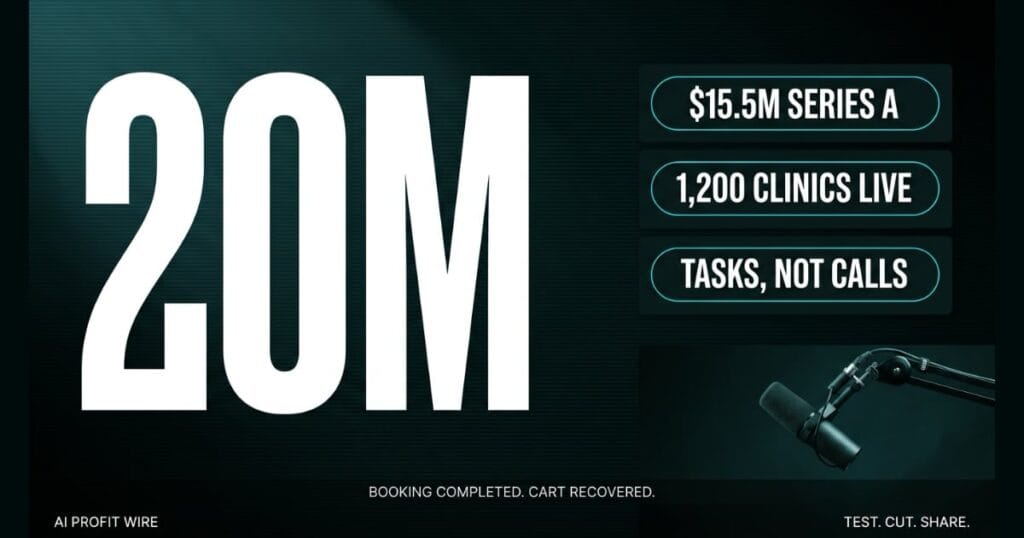 Dark teal and black graphic displaying a large white "20M" stat on the left side alongside three stacked cyan badge buttons reading "$15.5M SERIES A", "1,200 CLINICS LIVE", and "TASKS, NOT CALLS". A broadcast studio microphone on a boom arm is pictured in the lower right corner. Below the main visual elements, a central caption reads "BOOKING COMPLETED. CART RECOVERED." above a footer featuring "AI PROFIT WIRE" on the left and "TEST. CUT. SHARE." on the right.
