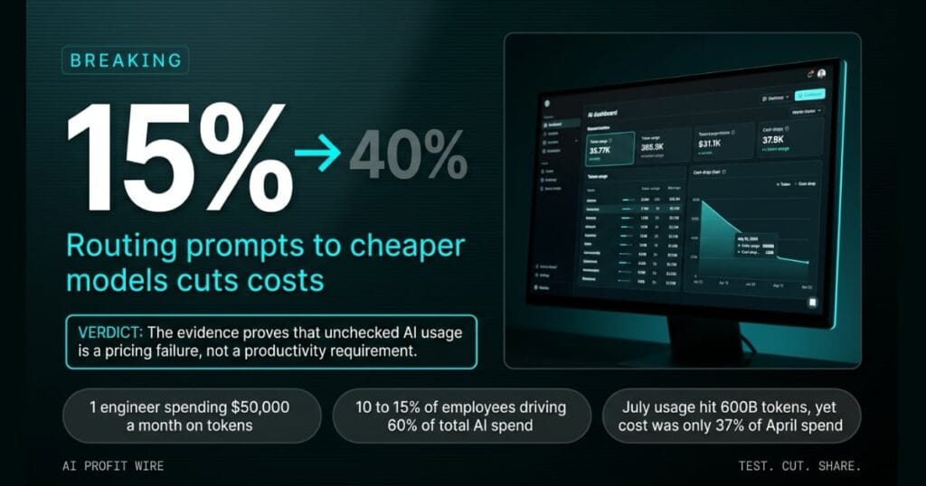 SILENT TOKEN DRAIN transform signal card from The AI Profit Wire, 40% to 15% AI spend cut proven by token data, Executive Data-Noir design.