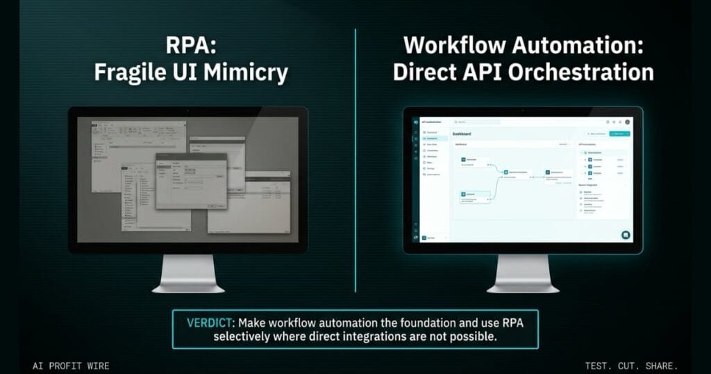 INTERFACE FRAGILITY comparison_bridge_j signal card from The AI Profit Wire, RPA vs API orchestration, Executive Data-Noir design.
