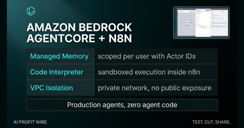 AMAZON BEDROCK AGENTCORE PLUS N8N logo_ledger_k signal card from The AI Profit Wire, n8n workflow editor subject, Executive Data-Noir design.