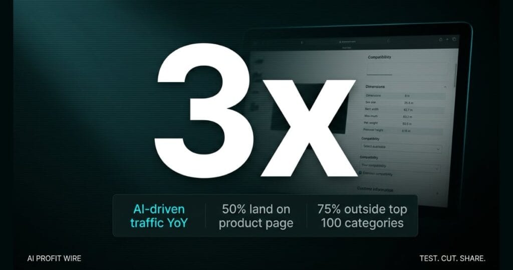 3X AI SEARCH TRAFFIC hero_stat_l_single signal card from The AI Profit Wire, Shopify storefront browser subject, Executive Data-Noir design.
