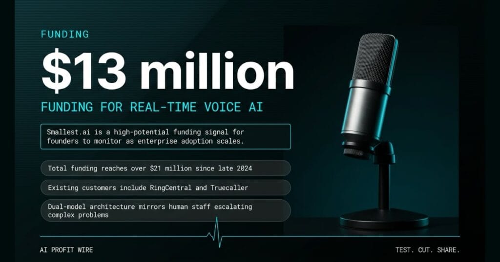 LATENCY FLOOR hero_stat_l_single signal card from The AI Profit Wire, $13 million funding for voice AI, Executive Data-Noir design.