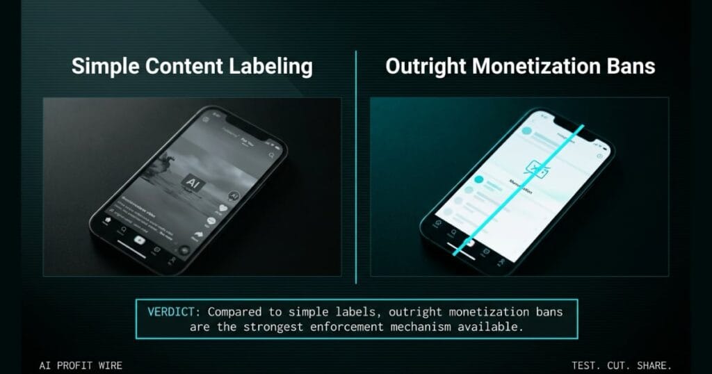 AUTHENTICITY GATE comparison_bridge_j signal card from The AI Profit Wire, smartphone video feed labeling vs monetization bans, Executive Data-Noir design.