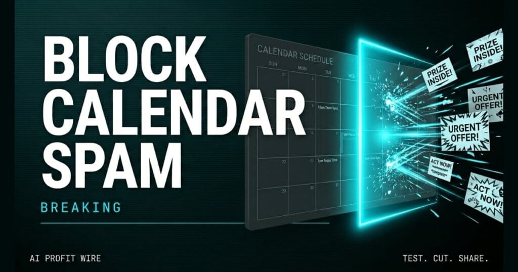 Featured graphic reading BLOCK CALENDAR SPAM with a glowing cyan firewall blocking invite notifications over a dark 3D calendar grid.
