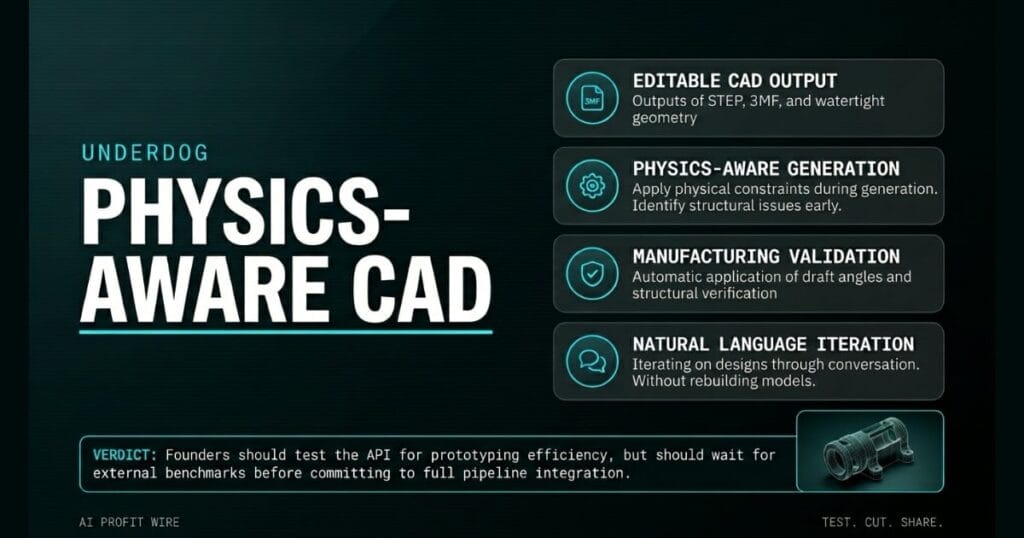 PHYSICS-AWARE CAD logo_ledger_k signal card from The AI Profit Wire, physics-aware 3D CAD generation with manufacturing validation, Executive Data-Noir design.