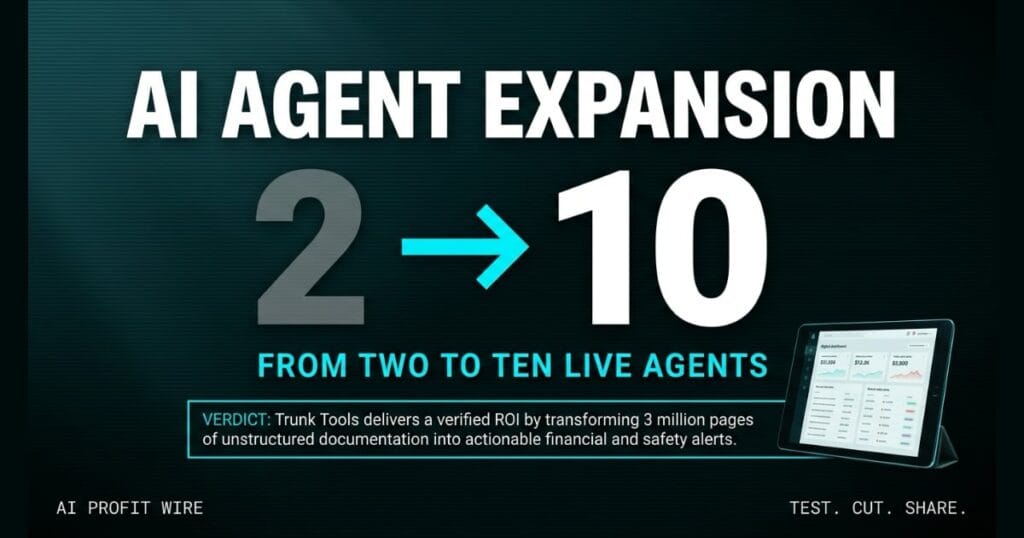 AI AGENT EXPANSION transform signal card from The AI Profit Wire, Trunk Tools scaling to 10 live agents, Executive Data-Noir design.