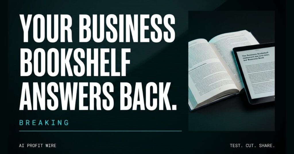 Data-noir breaking news graphic stating Your Business Bookshelf Answers Back next to an open hardcover book and a digital tablet displaying text.