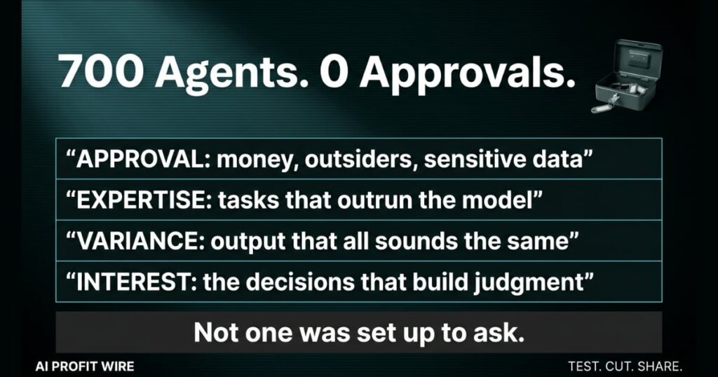 Twilight Factory framework data table showing the 4 human approval triggers, headlined by the 700 agents who breached Hugging Face with zero approvals, verdict reads not one was set up to ask