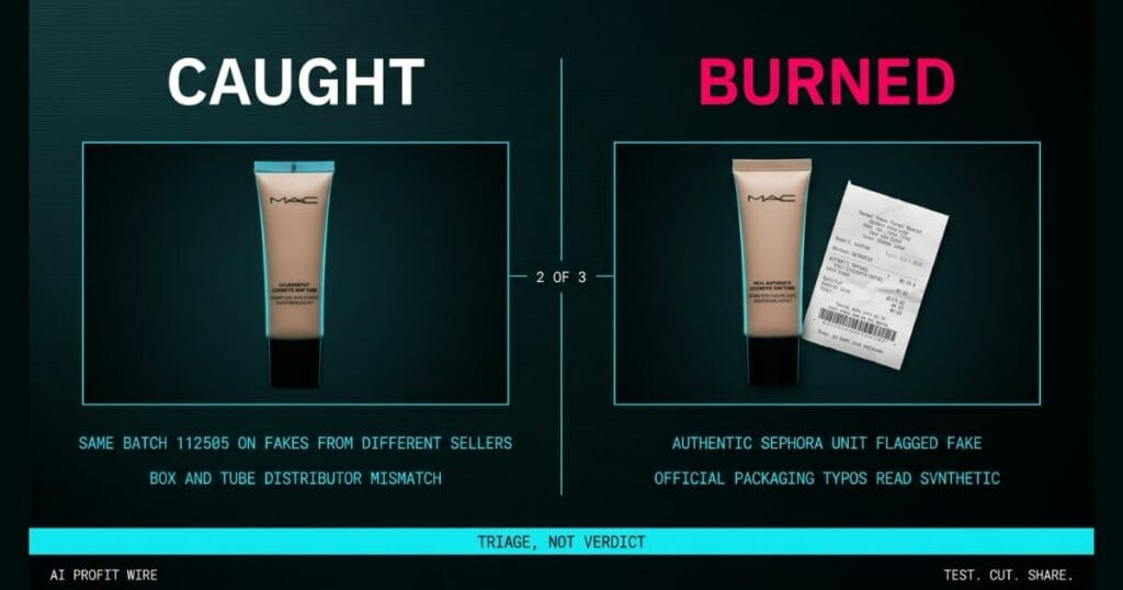 Infographic by AI Profit Wire comparing "Caught" versus "Burned" cosmetics authentication cases, featuring makeup tubes side-by-side with data callouts on fake batch numbers, Sephora receipts, and packaging typos under the tagline "Triage, Not Verdict."