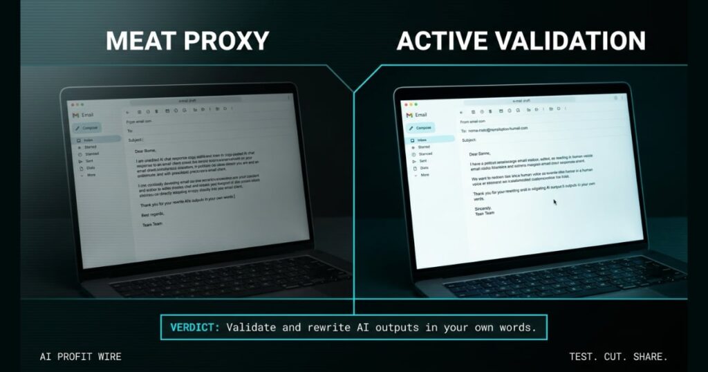 MEAT PROXY TRAP comparison_bridge_j signal card from The AI Profit Wire, raw AI email draft versus rewritten human-validated email, Executive Data-Noir design.